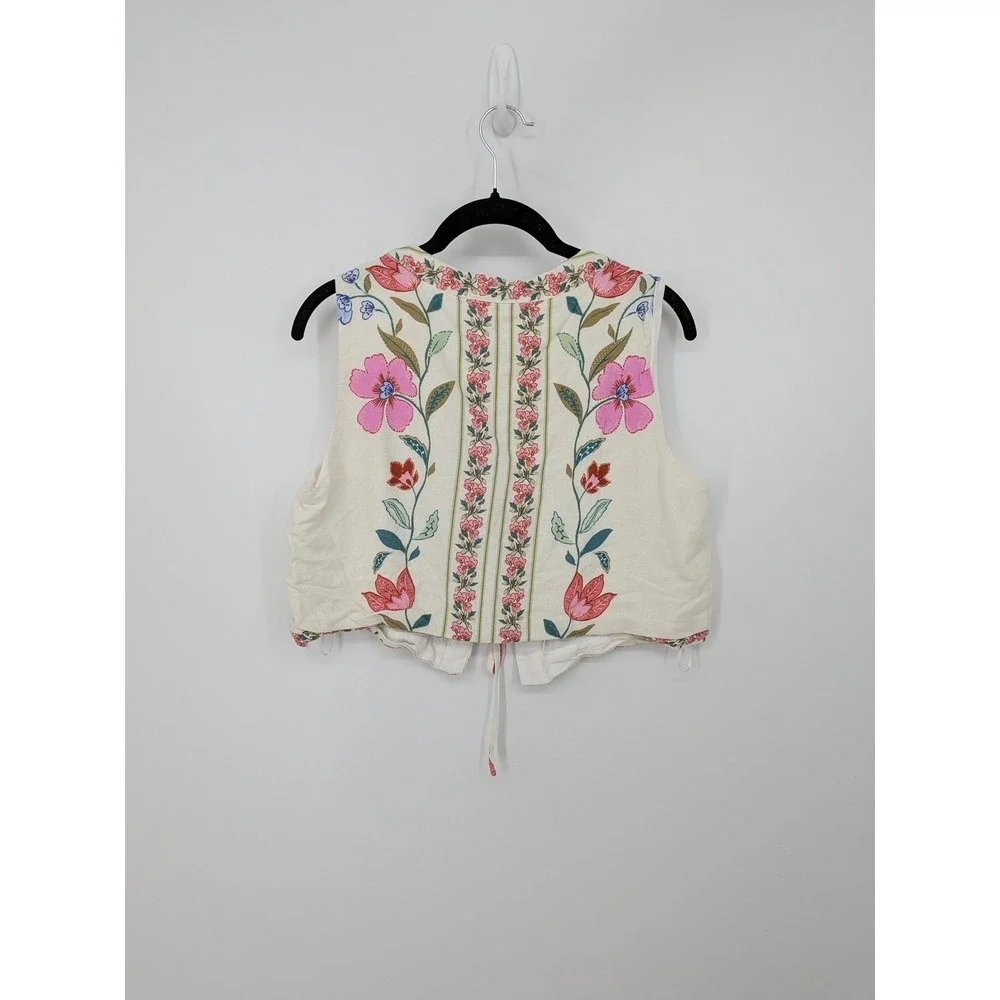 la lavon Vest Large Cream Floral Linen Blend Tie Front Crop Top Cottagecore Boho